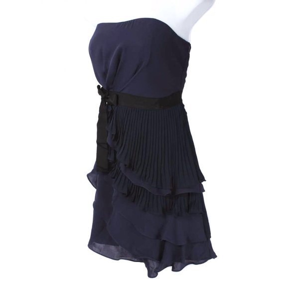 MM COUTURE Navy Blue Chiffon Ruffle Pleated Strapless Party Dress NWT Size S - Picture 2 of 4